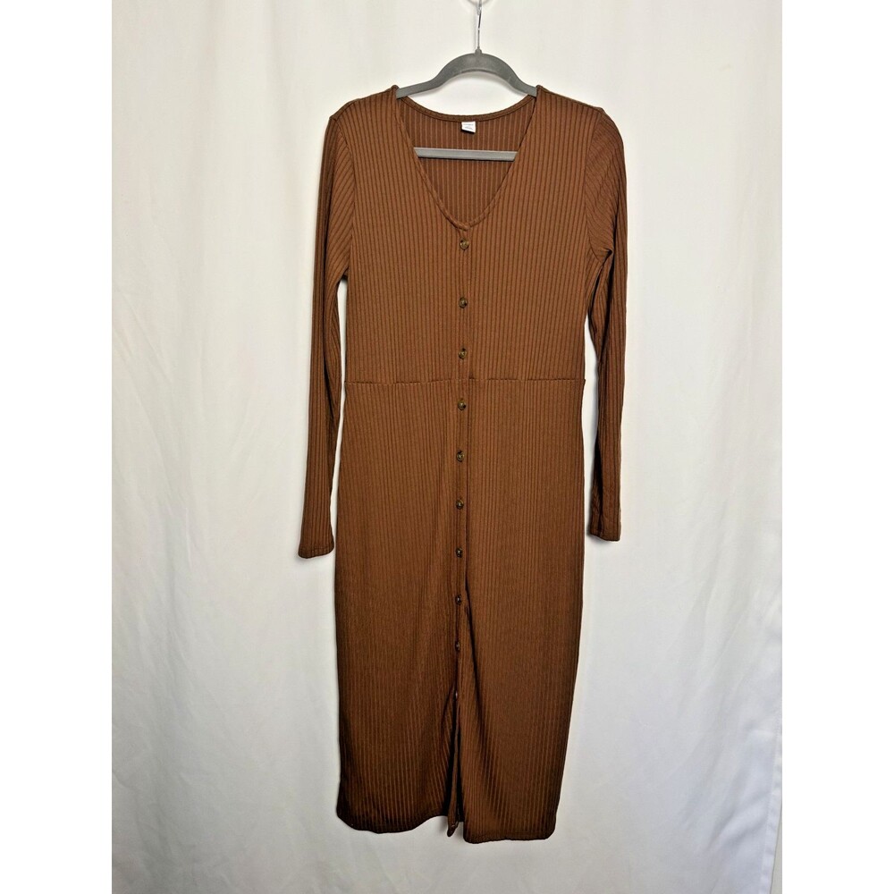 Old Navy Henley Midi Dress M Long Sleeve Ribbed Knit Acacia Brown Cozy Woodland